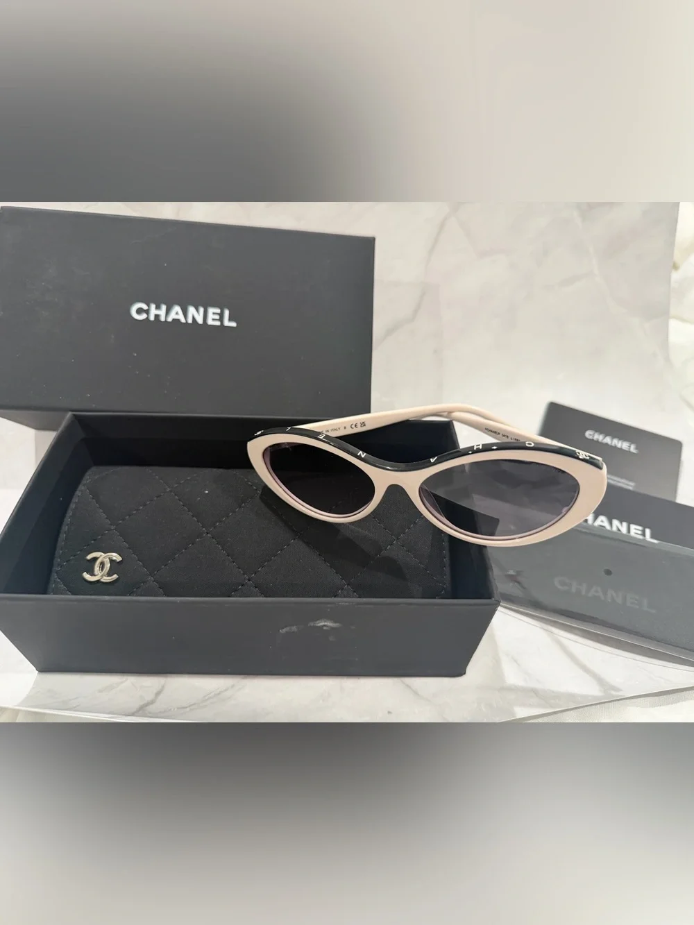 Beige/Pink Tone and Black Cat-Eye Sunglasses with Dark Lenses